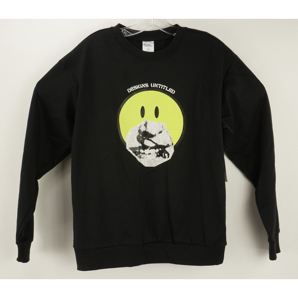 New Designs Untitled Smiley Graphic Men's Small Black Fleece Crew Sweatshirt
